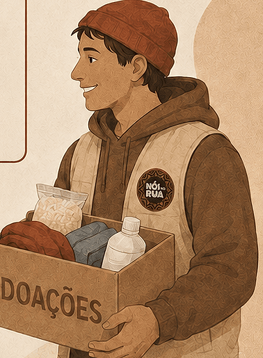 Ilustração de um jovem de gorro segurando uma caixa de doações, personagem da identidade do Nós na Rua.
